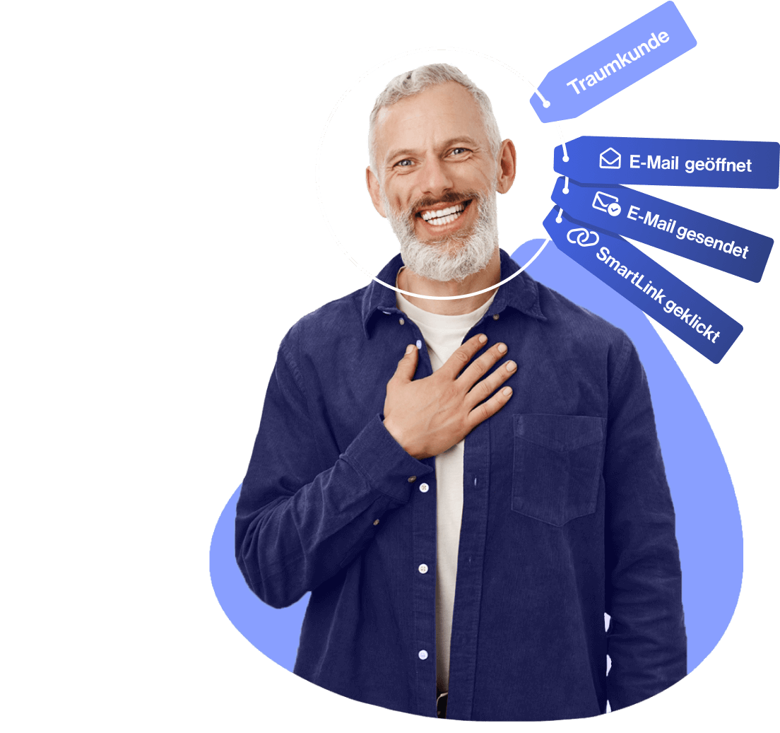 Mann mit grauem Bart lächelt, umgeben von CRM-Tags: Traumkunde, E-Mail geöffnet, E-Mail gesendet, SmartLink geklickt.