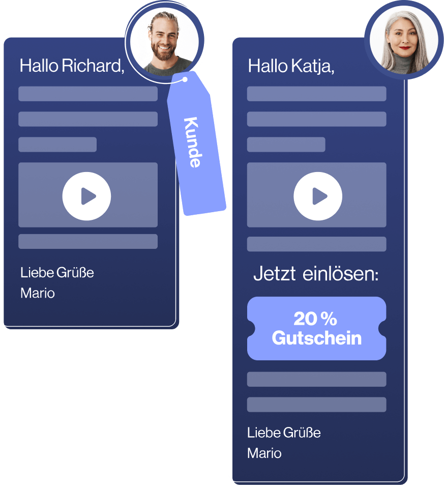 Personalisierte E-Mails für Richard und Katja mit Videolinks, Kundentag und 20% Gutschein, fördert Vertrauensmarketing.