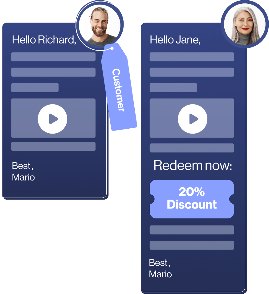 Personalized email examples for Richard and Jane, showcasing dynamic content with a 20% discount offer, enhancing trust.