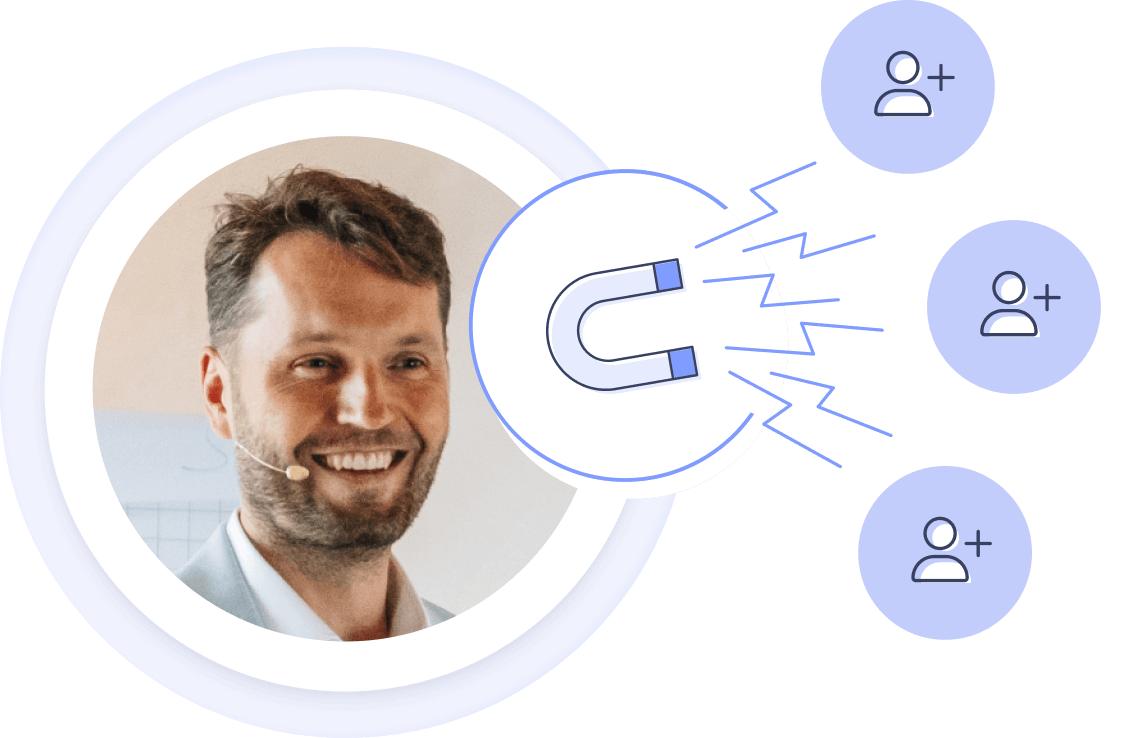 Mario Wolosz veranschaulicht Lead-Gewinnung mit Magnet, symbolisierend für SMS-Marketing-Software-Effektivität.