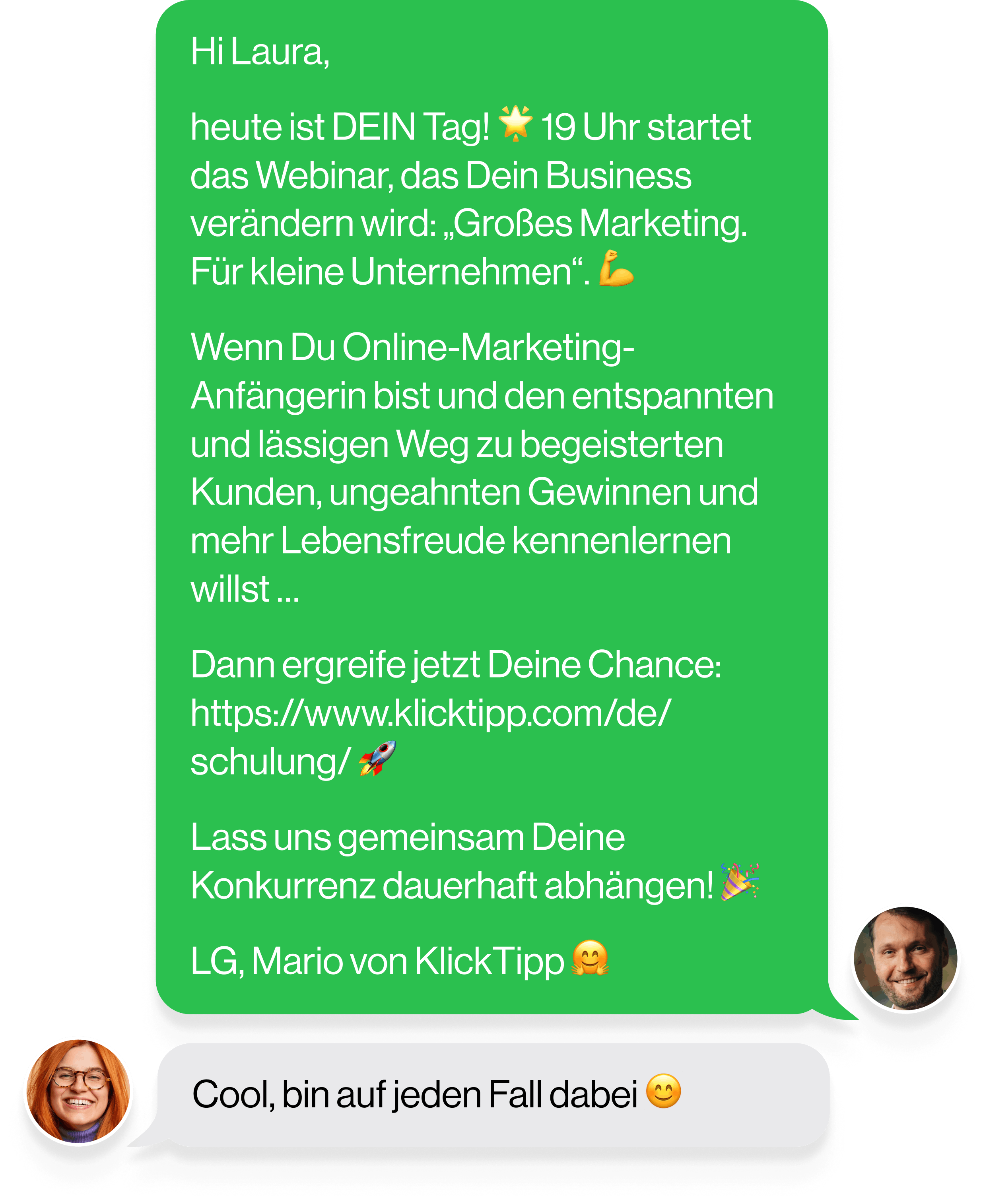 Beispiel für personalisierte Marketing-SMS mit Webinar-Einladung über KlickTipp.