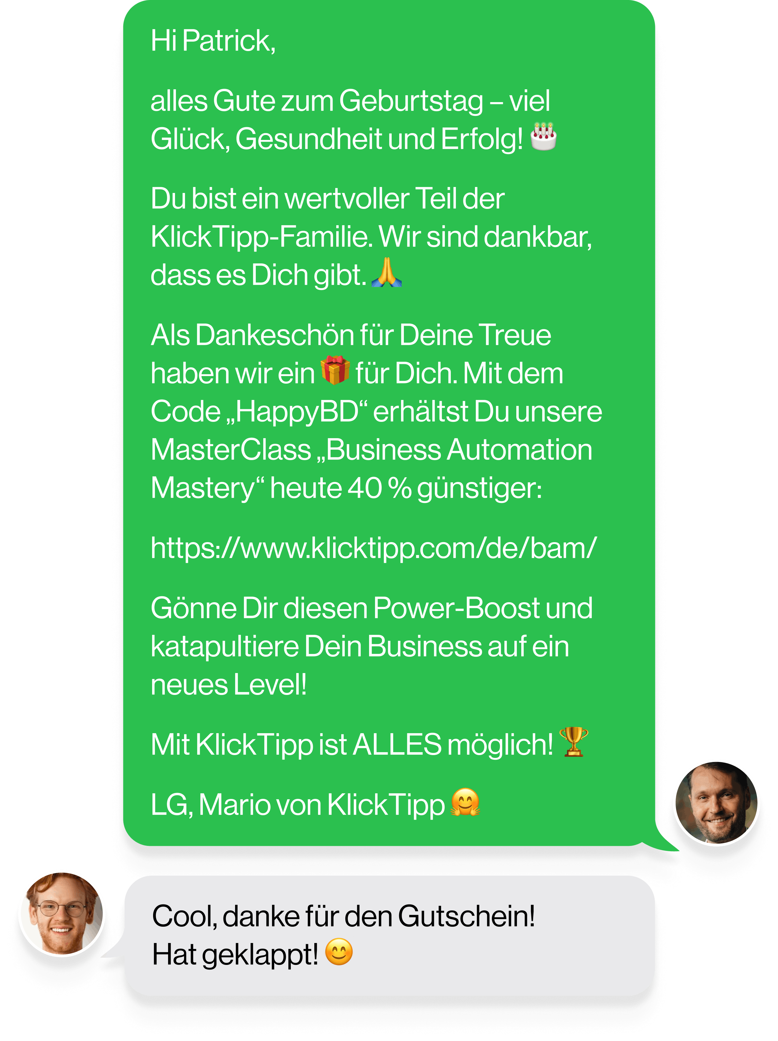 KlickTipp versendet automatisierte Geburtstags-SMS mit Glückwünschen und Rabattgutschein.