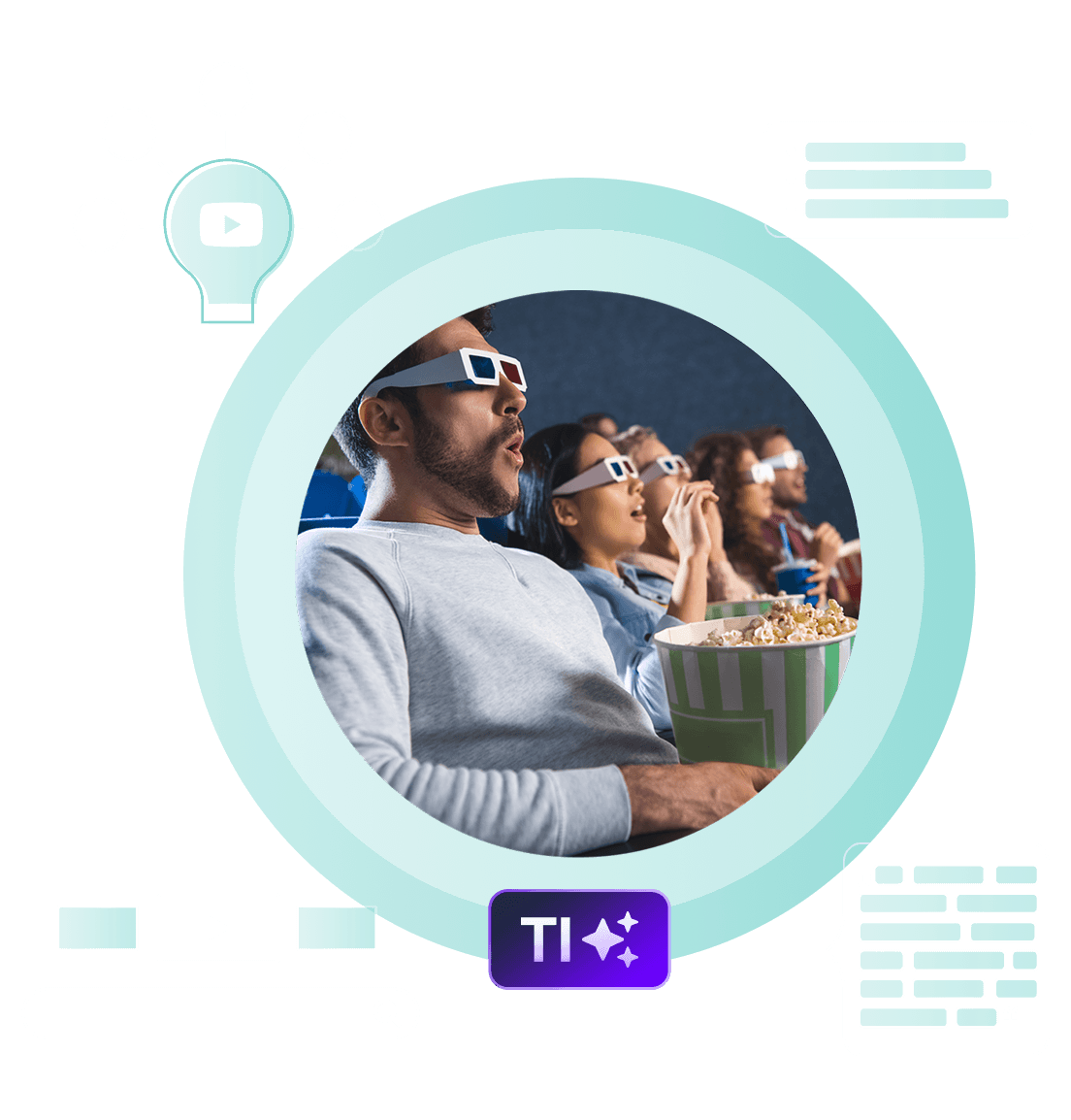 Personen mit 3D-Brillen im Kino, umgeben von abstrakten Symbolen. Thema: Vertrauensmarketing in der Trust Economy.