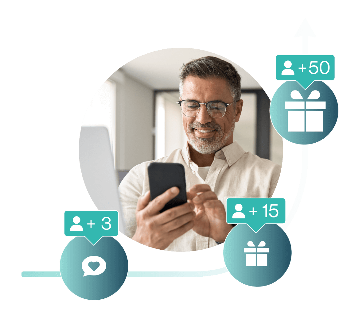 Mann mit Smartphone, umgeben von Wachstumssymbolen. Vertrauensmarketing in der Trust Economy für Kundenwachstum.