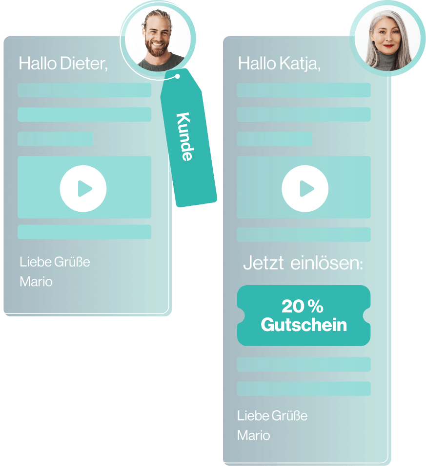 Personalisierte E-Mails für Dieter und Katja mit Videoinhalten und 20% Gutschein, optimiert für Vertrauensmarketing.
