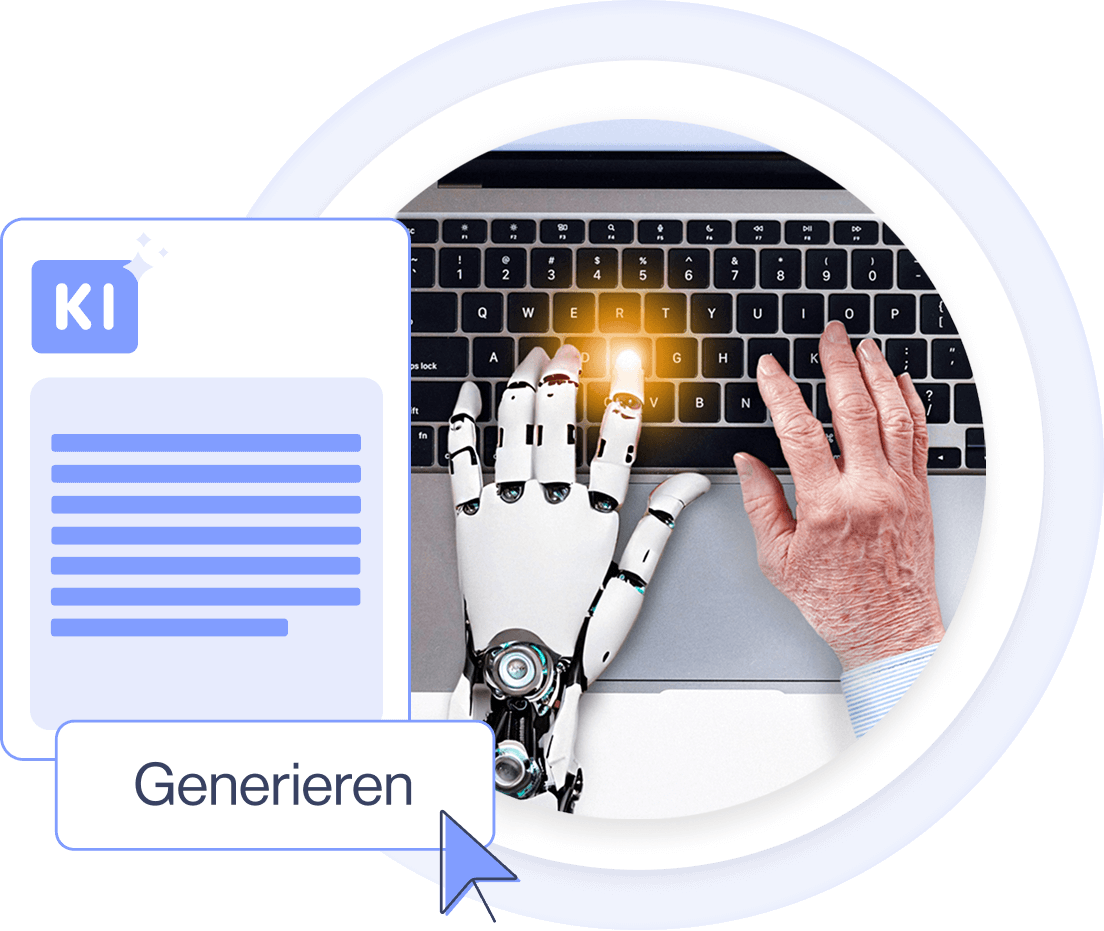 KI-Hand und menschliche Hand tippen auf Laptop, KI-Text-Generator, KI-Content-Erstellung, Schaltfläche „Generieren“.