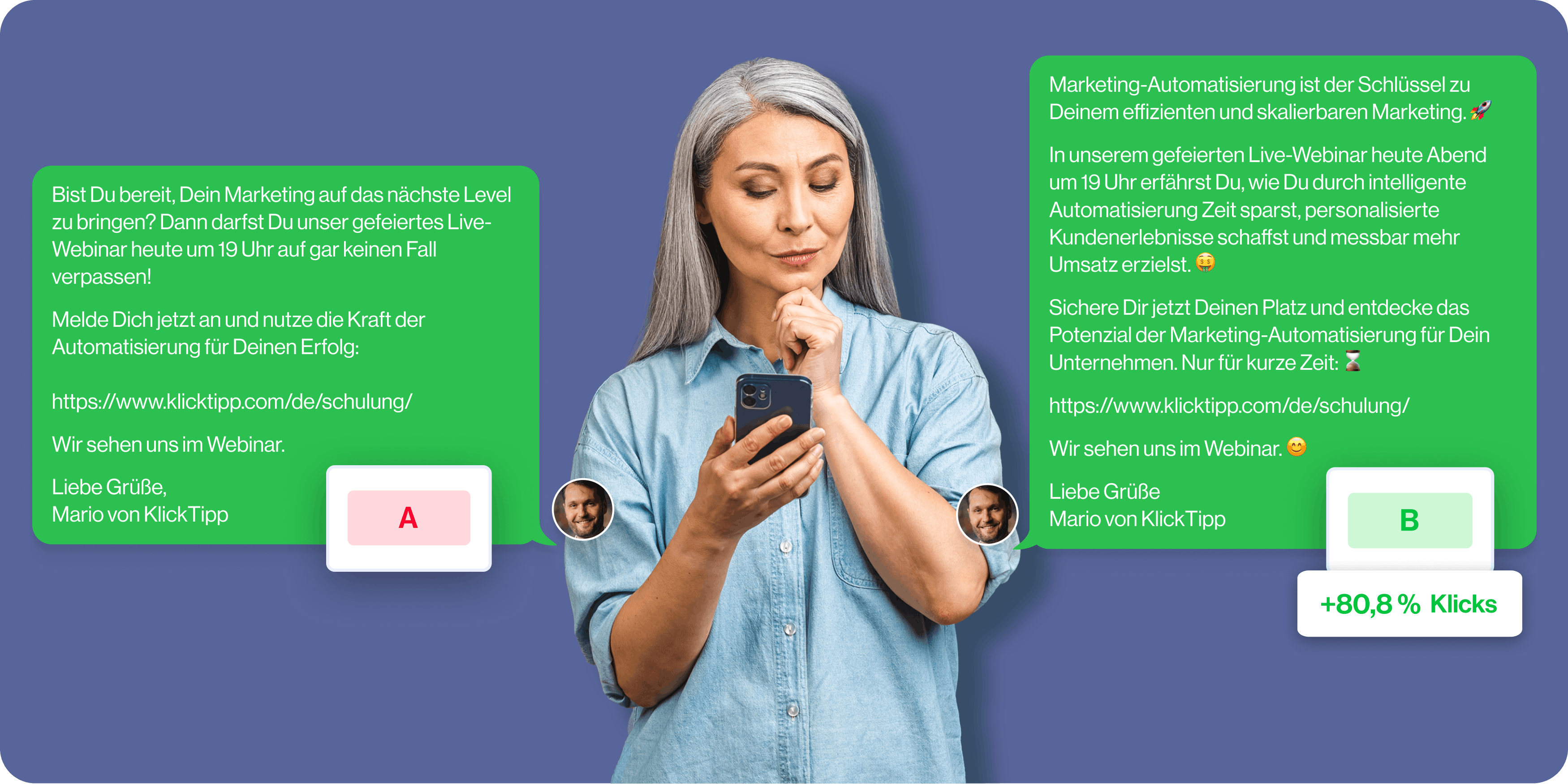 Zwei SMS-Nachrichten im A/B-Test: Frau mit Smartphone sieht, wie Variante B deutlich besser performt.