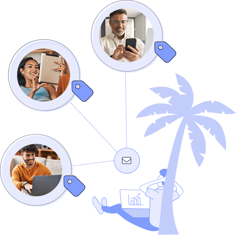 Illustration zeigt vernetzte Personen mit digitalen Geräten, symbolisiert KI-gestütztes E-Mail-Marketing CRM unter einer Palme.