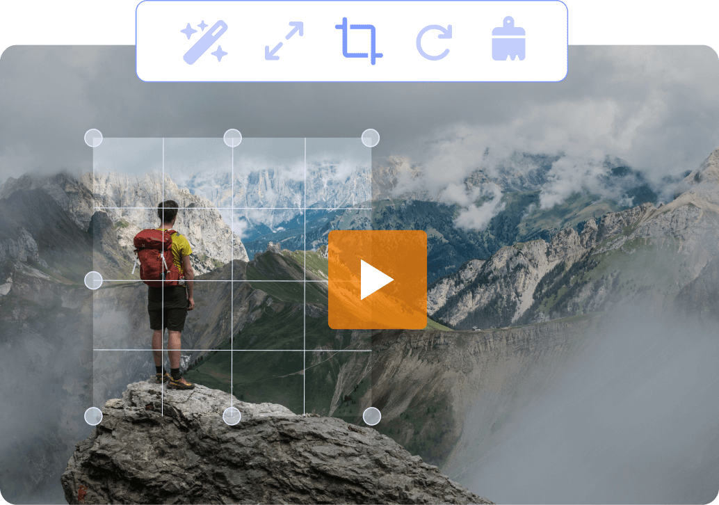 Bildbearbeitungs-Schnittstelle mit Wanderer auf Berggipfel, Zuschneidewerkzeug aktiv im E-Mail-Builder.