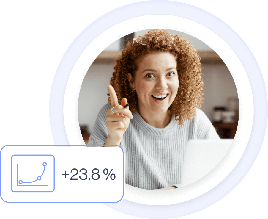 Frau jubelt über 23,8% Conversion-Optimierung. Diagramm zeigt Conversion Booster Wachstum um 23,8%.