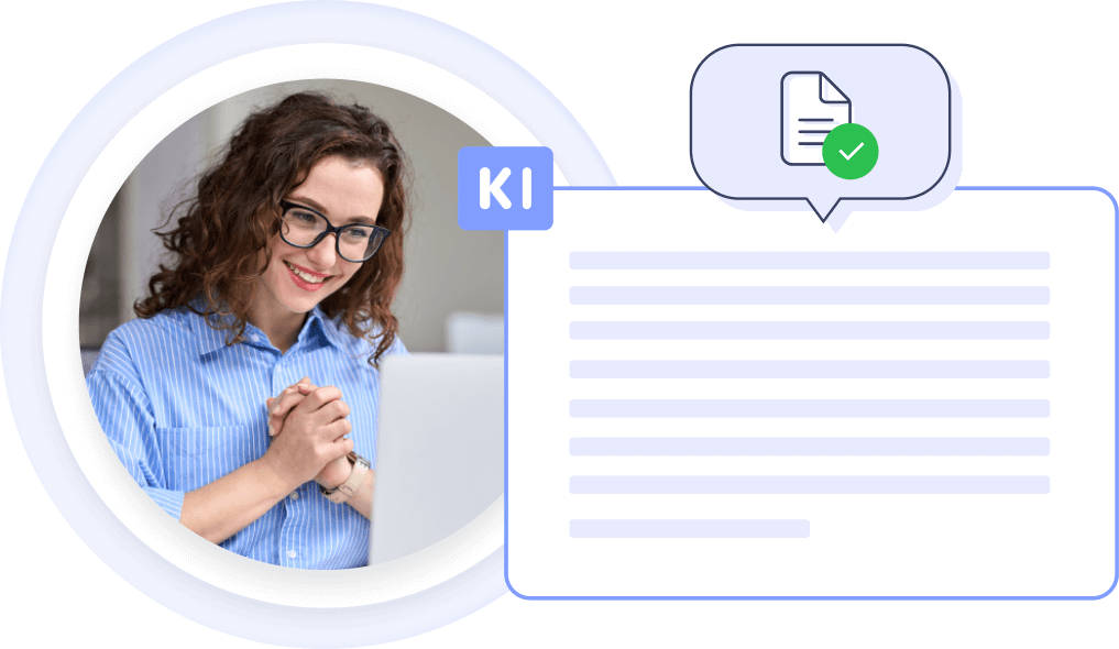 Frau überprüft KI-generierten Text mit Genehmigungssymbol, KI-Copywriter im Einsatz für automatisiertes Marketing.