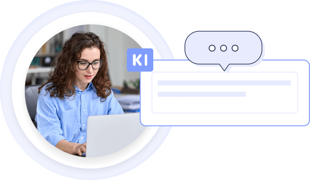 Frau nutzt Laptop zur Erstellung von Inhalten mit KI-Text-Generator. Sprechblase zeigt KI-Schriftzug.