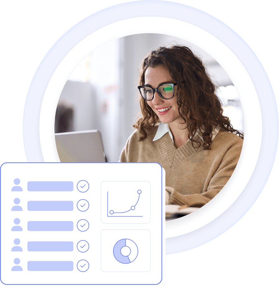 Frau analysiert Daten auf einem Marketing CRM-Dashboard mit Kontakt-Insights und Diagrammen zur Kampagnenoptimierung.