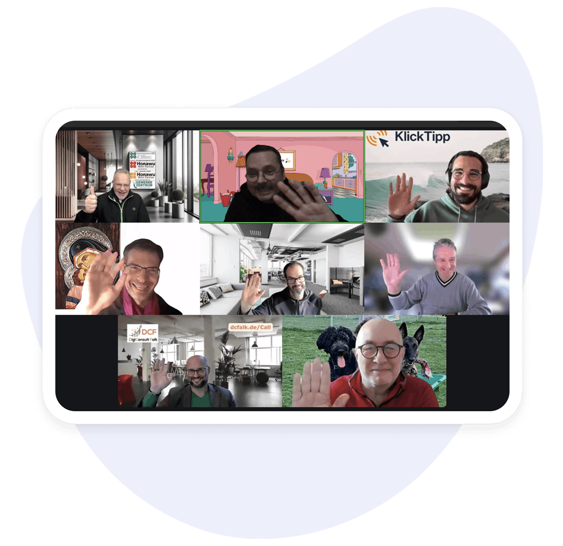 Teilnehmer an einem KlickTipp Zoom-Meeting mit verschiedenen virtuellen Hintergründen, lächeln und winken in die Kamera.